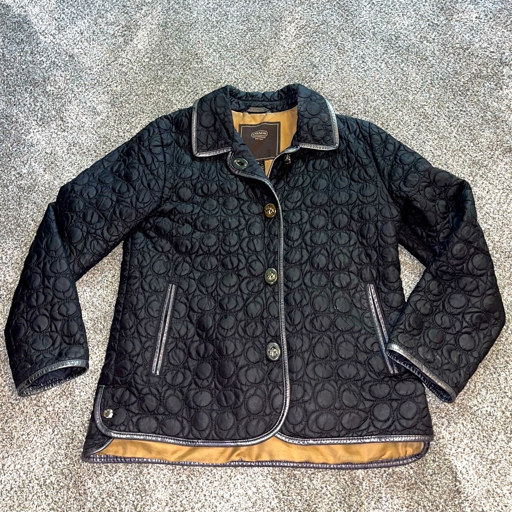 Coach Ladies Quilted CC Logo Black Jacket Coat Leather Trim Turnlock Size Small